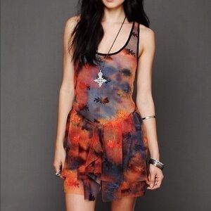 Free People • Fairy Grunge Tiered Floral Mesh Rust Tie Dye Mini Slip Dress S